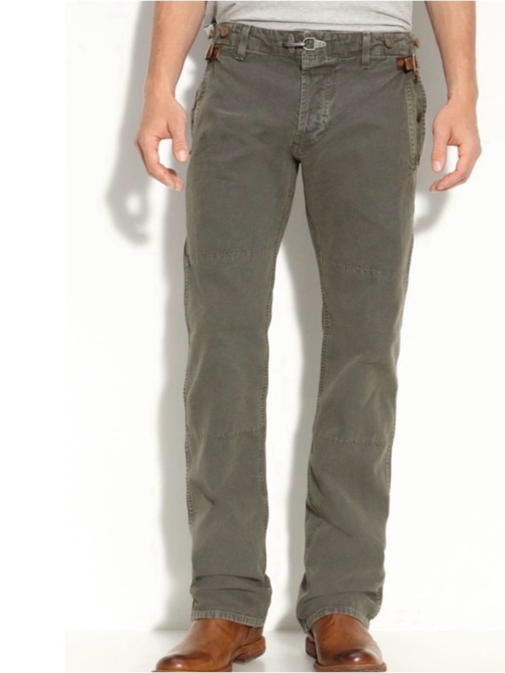 Madison Park Collective Fireman Pants Mens 31x33 Olive Leather Tabs Gorpcore